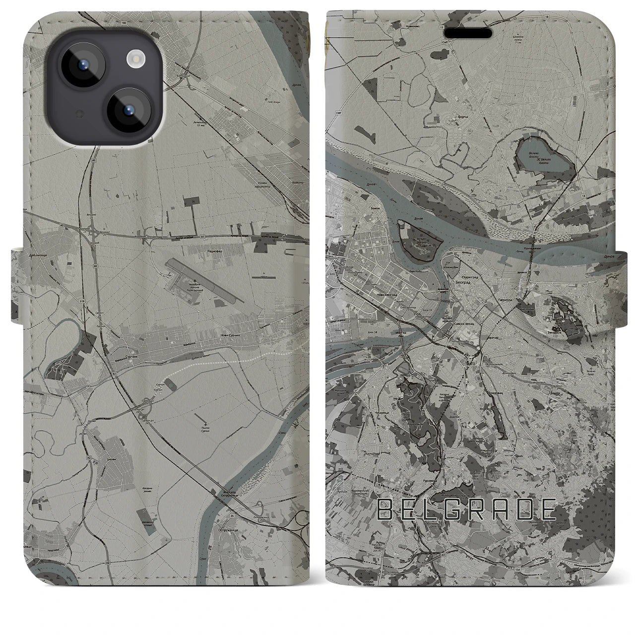 【ベオグラード(セルビア)】地図柄iPhoneケース(手帳タイプ)モノトーン・iPhone 14 Plus 用