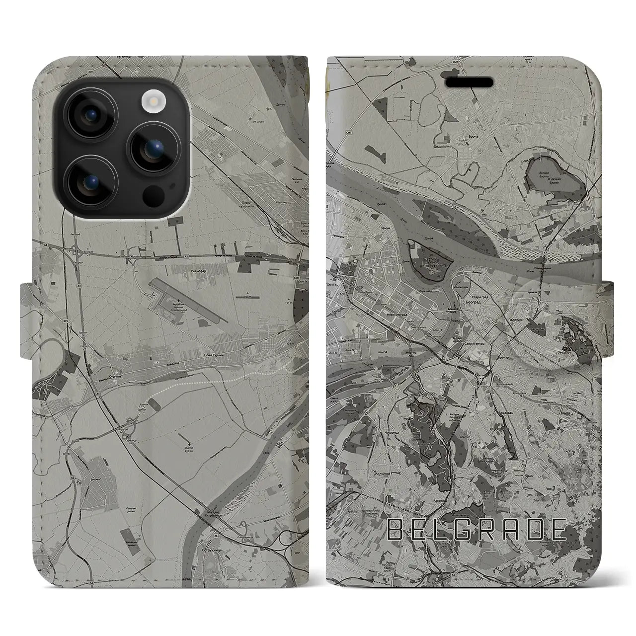 【ベオグラード(セルビア)】地図柄iPhoneケース(手帳タイプ)モノトーン・iPhone 16 用