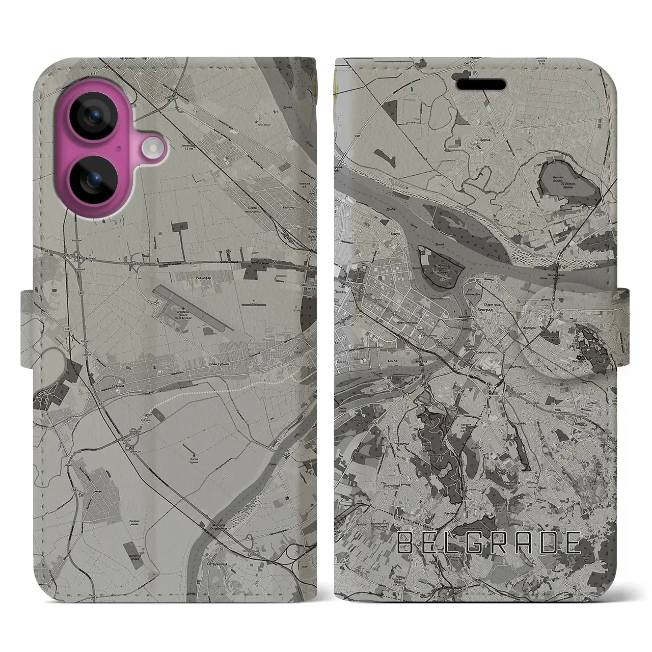 【ベオグラード(セルビア)】地図柄iPhoneケース(手帳タイプ)モノトーン・iPhone 16 Pro 用