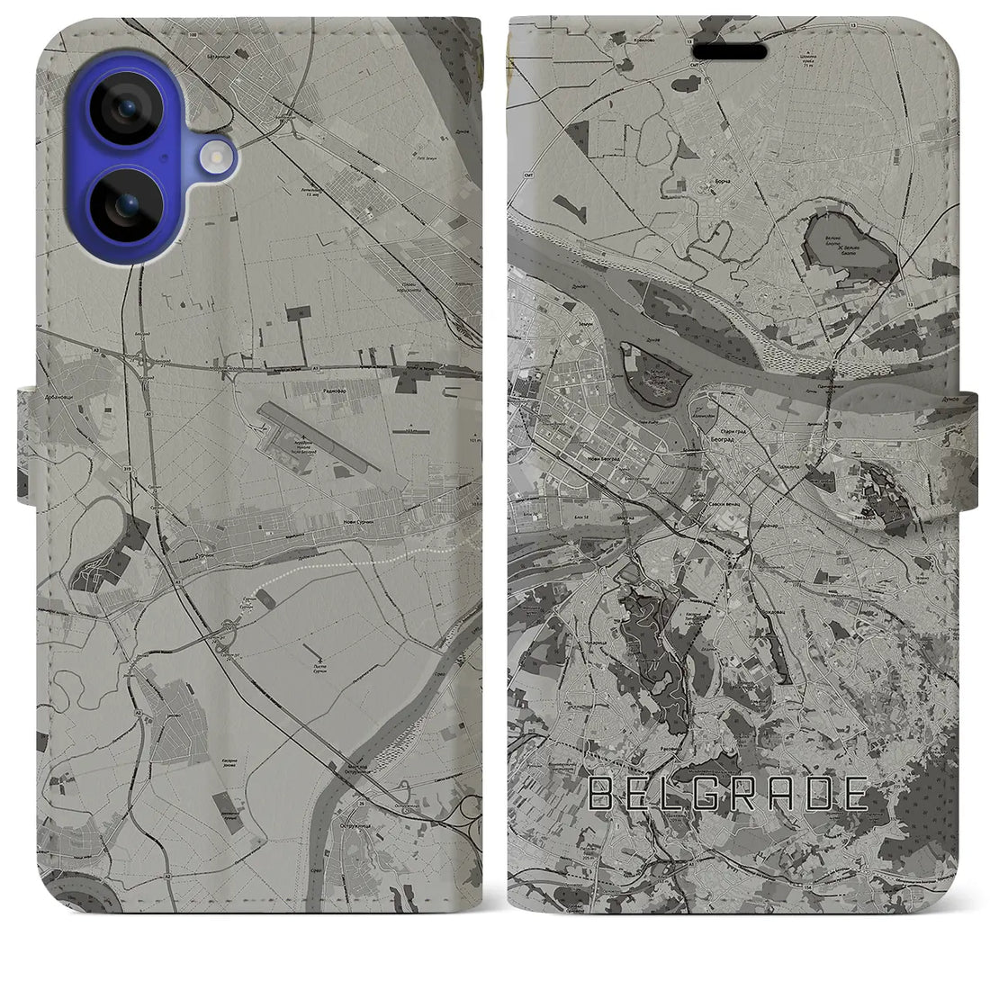 【ベオグラード(セルビア)】地図柄iPhoneケース(手帳タイプ)モノトーン・iPhone 16 Pro Max 用