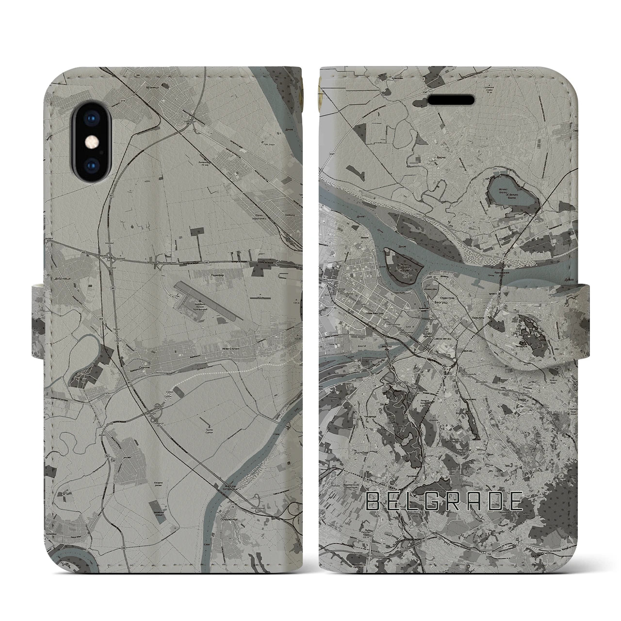 【ベオグラード(セルビア)】地図柄iPhoneケース(手帳タイプ)モノトーン・iPhone XS / X 用