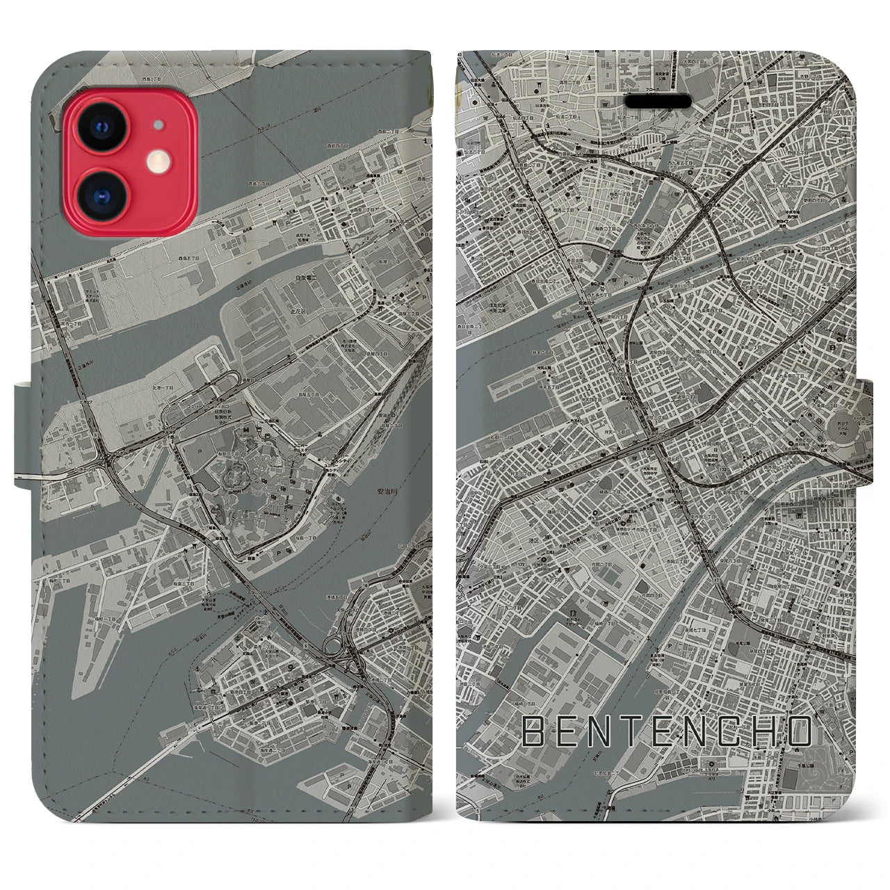 【弁天町(大阪府)】地図柄iPhoneケース(手帳タイプ)モノトーン・iPhone 11 用