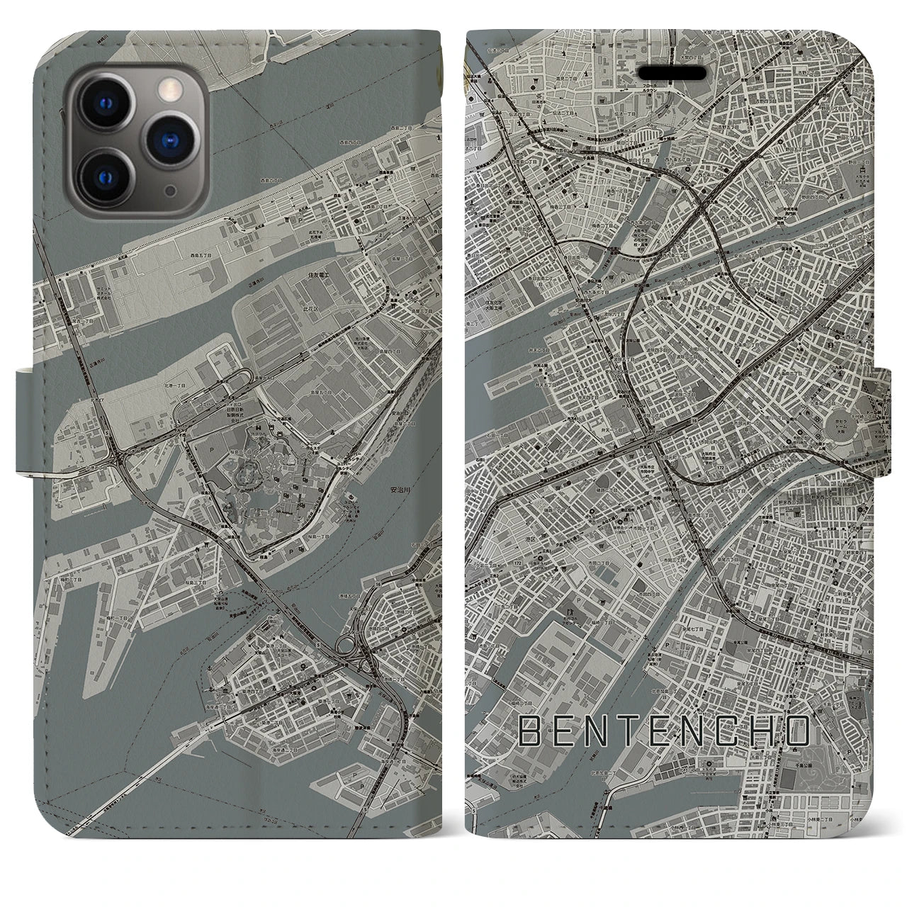 【弁天町(大阪府)】地図柄iPhoneケース(手帳タイプ)モノトーン・iPhone 11 Pro Max 用