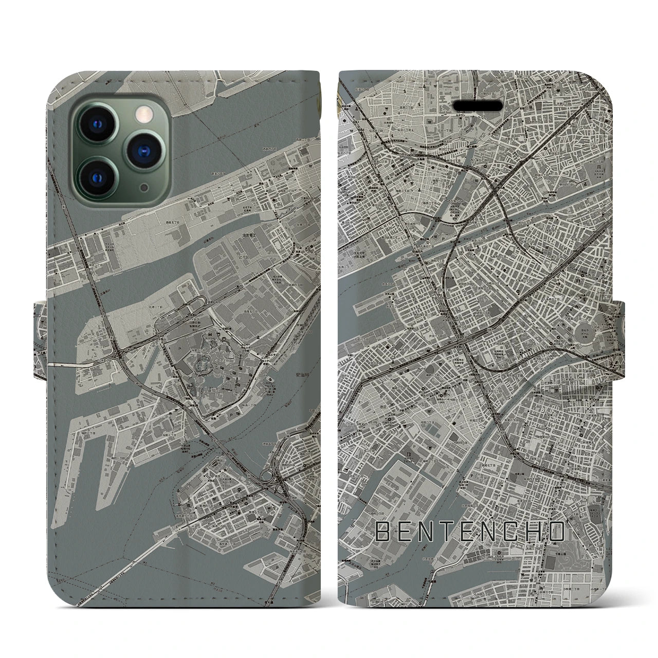 【弁天町(大阪府)】地図柄iPhoneケース(手帳タイプ)モノトーン・iPhone 11 Pro 用