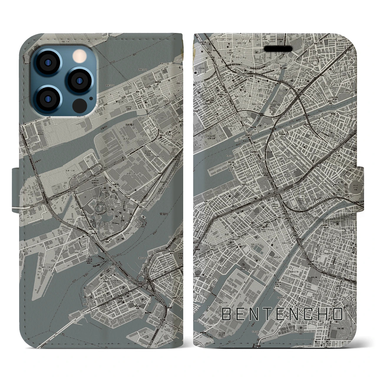 【弁天町(大阪府)】地図柄iPhoneケース(手帳タイプ)モノトーン・iPhone 12 / 12 Pro 用