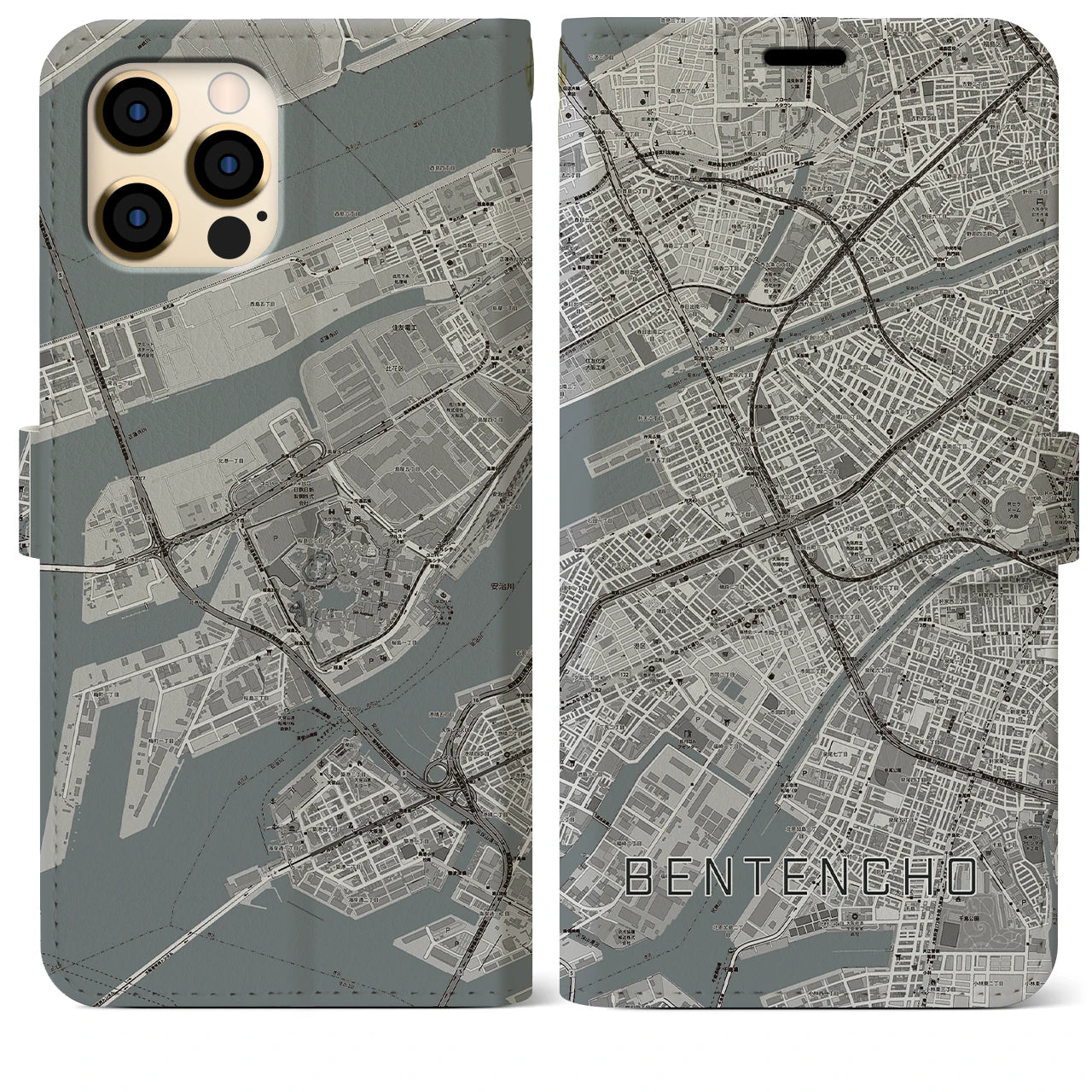 【弁天町(大阪府)】地図柄iPhoneケース(手帳タイプ)モノトーン・iPhone 12 Pro Max 用
