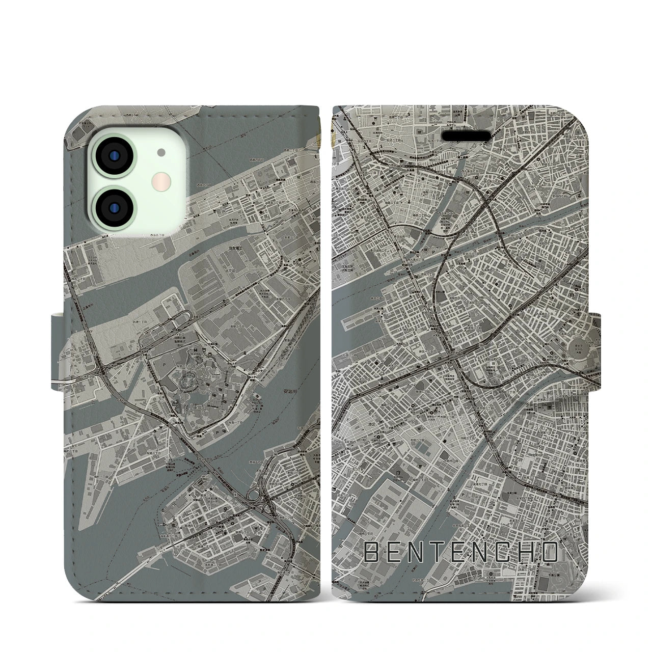 【弁天町(大阪府)】地図柄iPhoneケース(手帳タイプ)モノトーン・iPhone 12 mini 用
