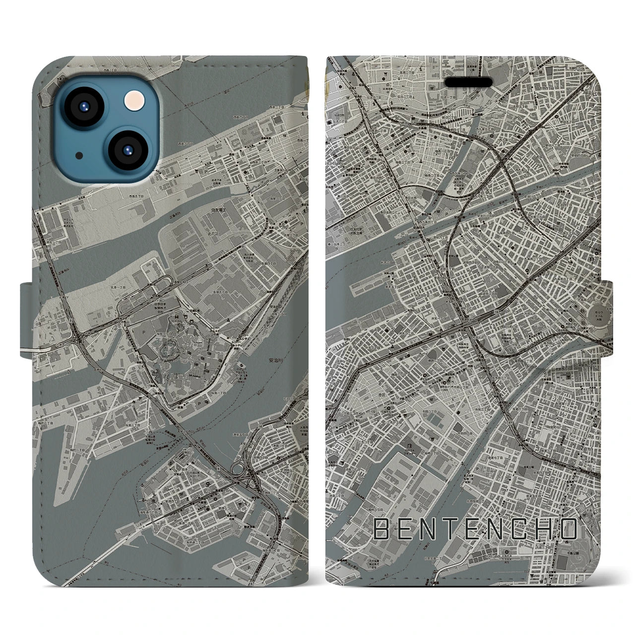 【弁天町(大阪府)】地図柄iPhoneケース(手帳タイプ)モノトーン・iPhone 13 用