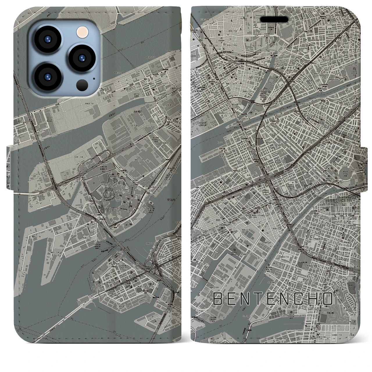 【弁天町(大阪府)】地図柄iPhoneケース(手帳タイプ)モノトーン・iPhone 13 Pro Max 用