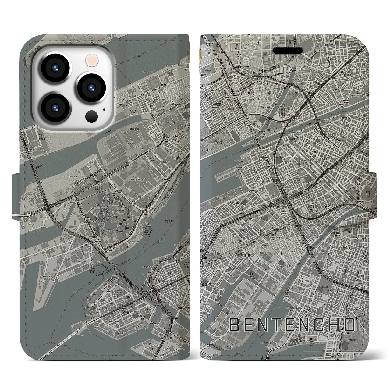 【弁天町(大阪府)】地図柄iPhoneケース(手帳タイプ)モノトーン・iPhone 13 Pro 用
