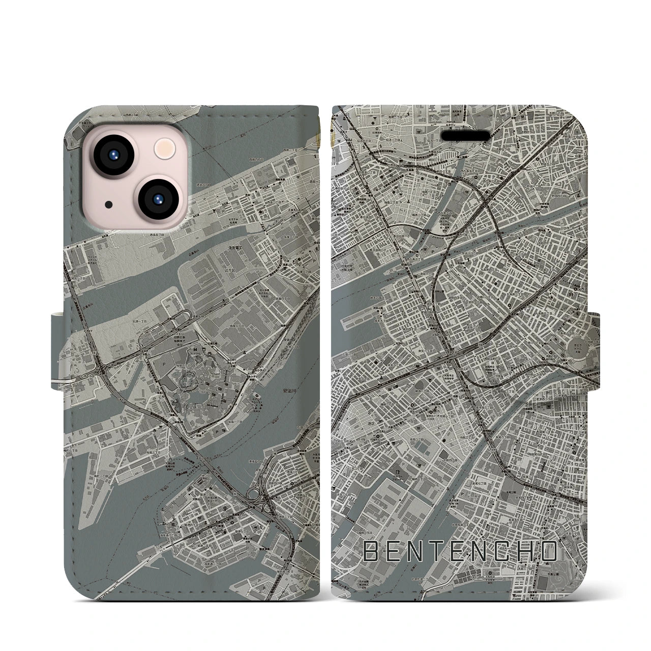 【弁天町(大阪府)】地図柄iPhoneケース(手帳タイプ)モノトーン・iPhone 13 mini 用