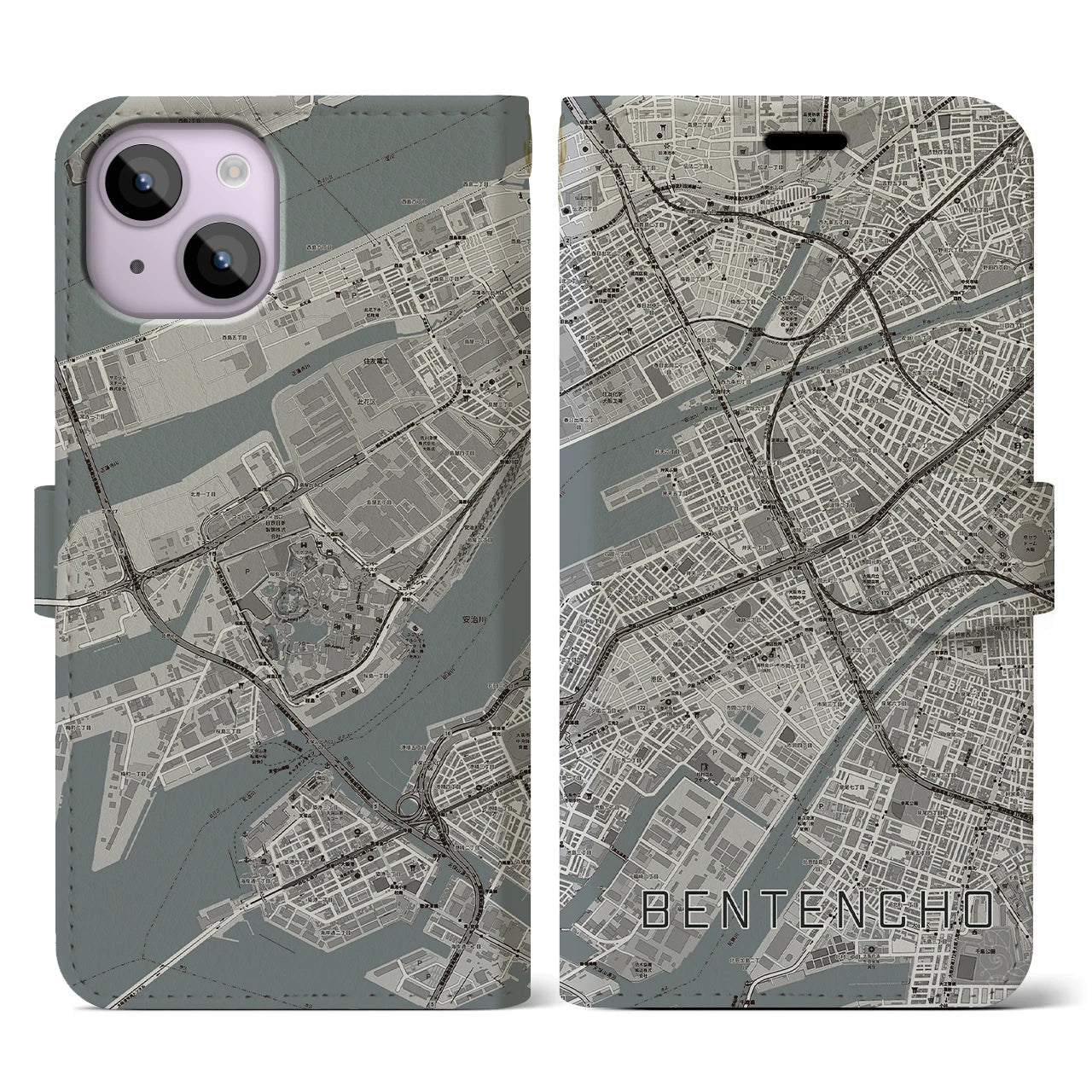 【弁天町(大阪府)】地図柄iPhoneケース(手帳タイプ)モノトーン・iPhone 14 用