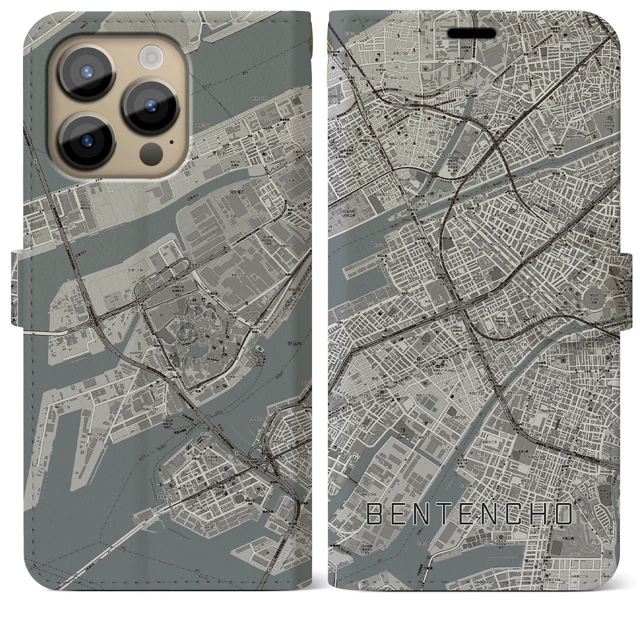 【弁天町(大阪府)】地図柄iPhoneケース(手帳タイプ)モノトーン・iPhone 14 Pro Max 用