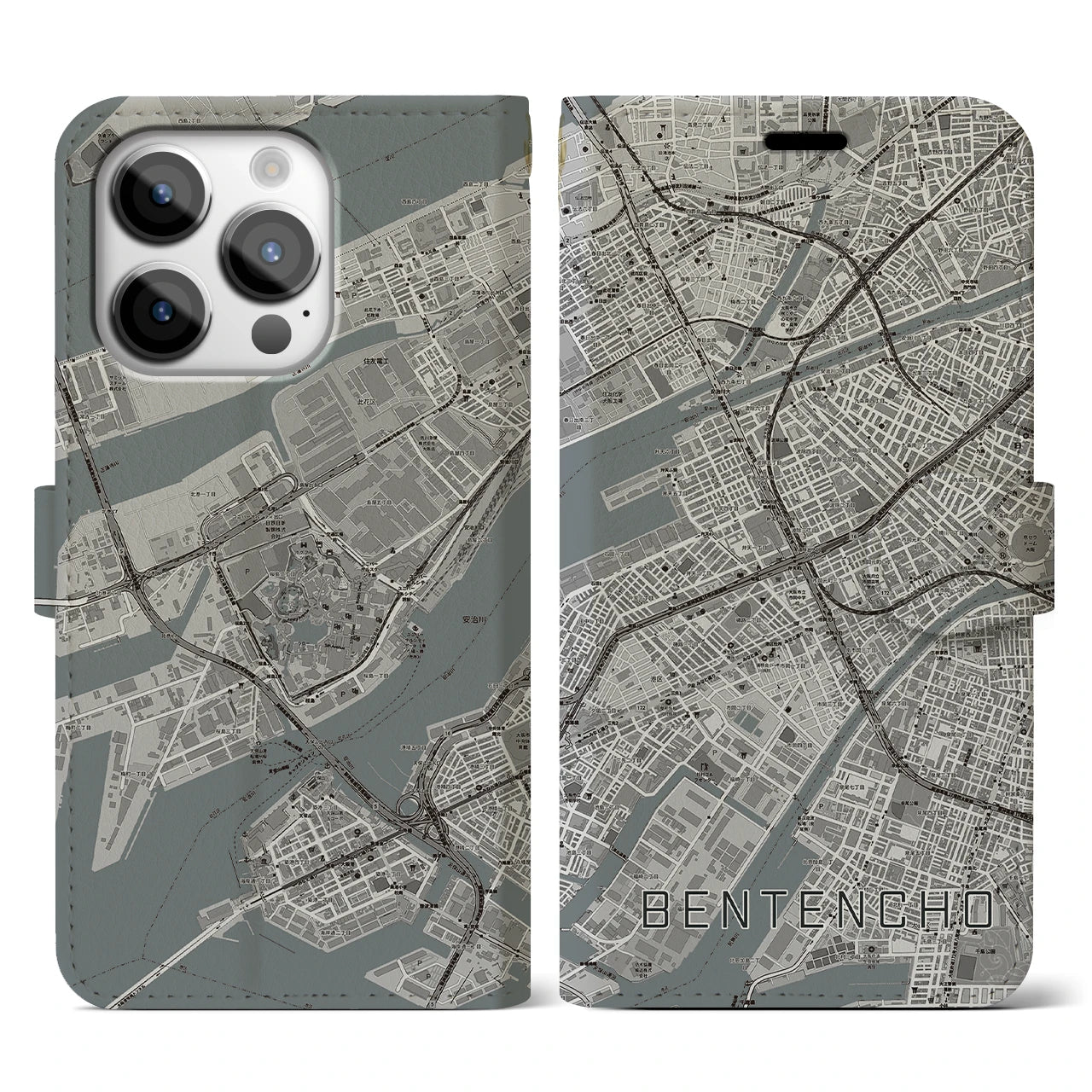 【弁天町(大阪府)】地図柄iPhoneケース(手帳タイプ)モノトーン・iPhone 14 Pro 用