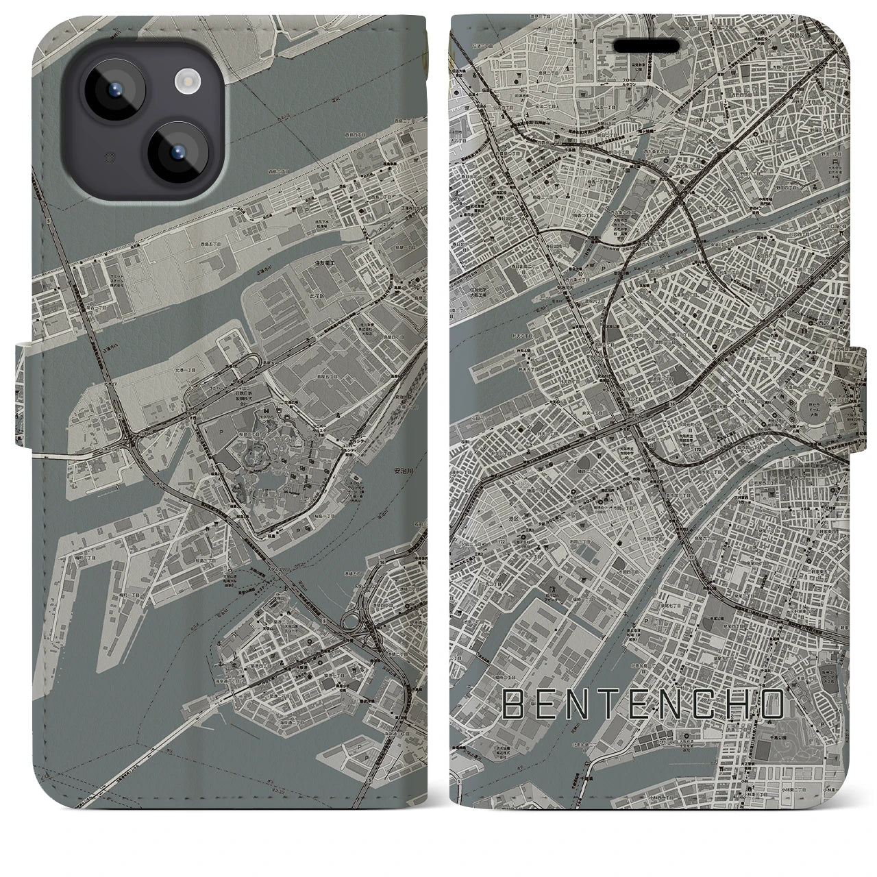 【弁天町(大阪府)】地図柄iPhoneケース(手帳タイプ)モノトーン・iPhone 14 Plus 用