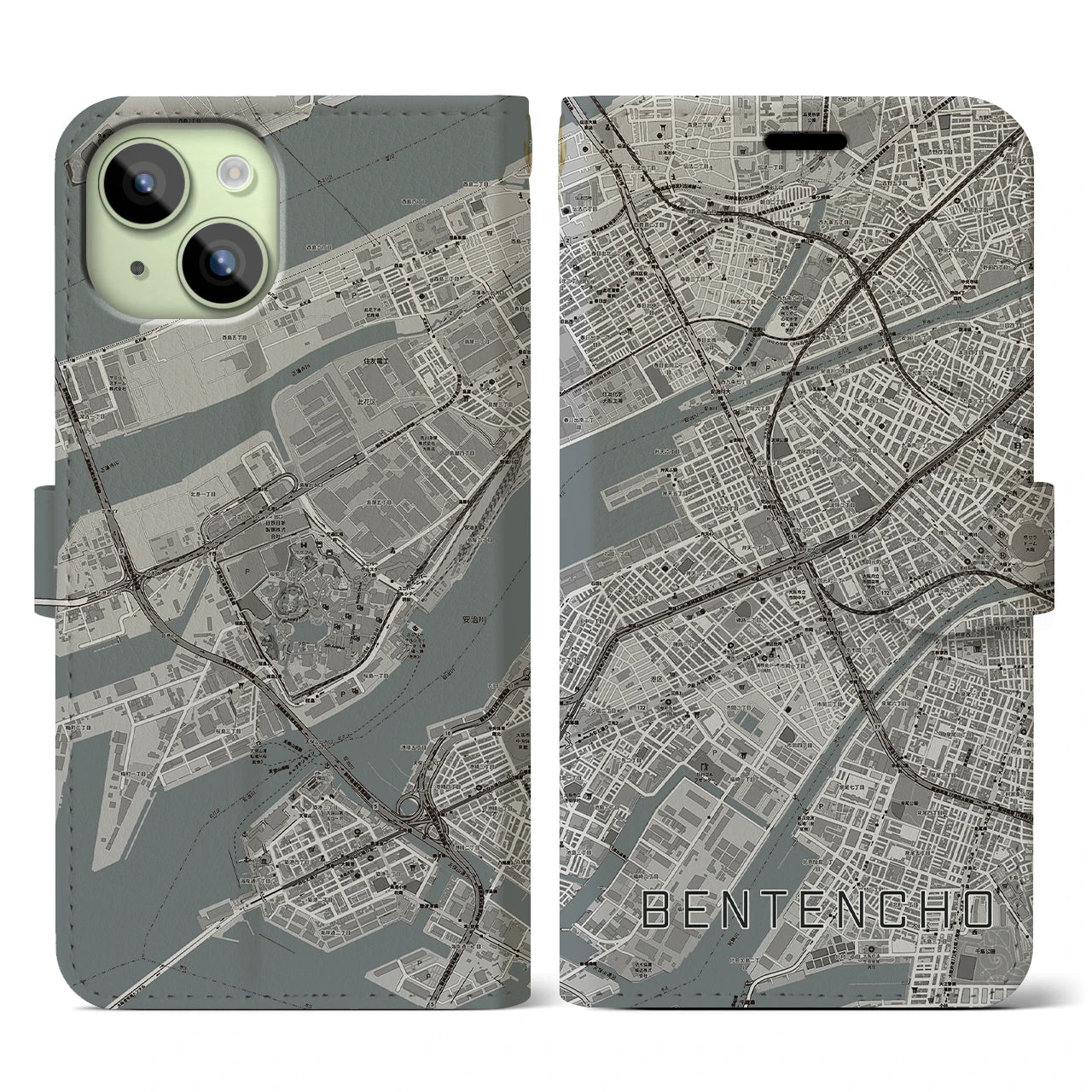 【弁天町(大阪府)】地図柄iPhoneケース(手帳タイプ)モノトーン・iPhone 15 用