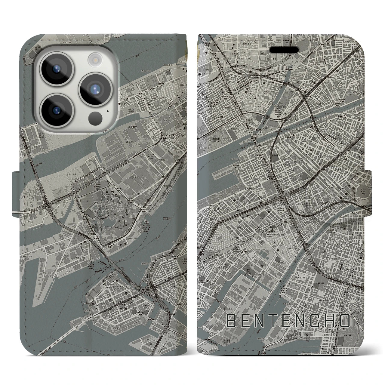 【弁天町(大阪府)】地図柄iPhoneケース(手帳タイプ)モノトーン・iPhone 15 Pro 用