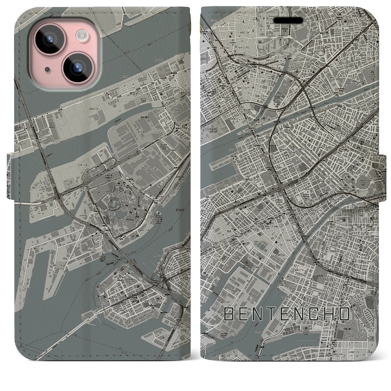 【弁天町(大阪府)】地図柄iPhoneケース(手帳タイプ)モノトーン・iPhone 15 Plus 用