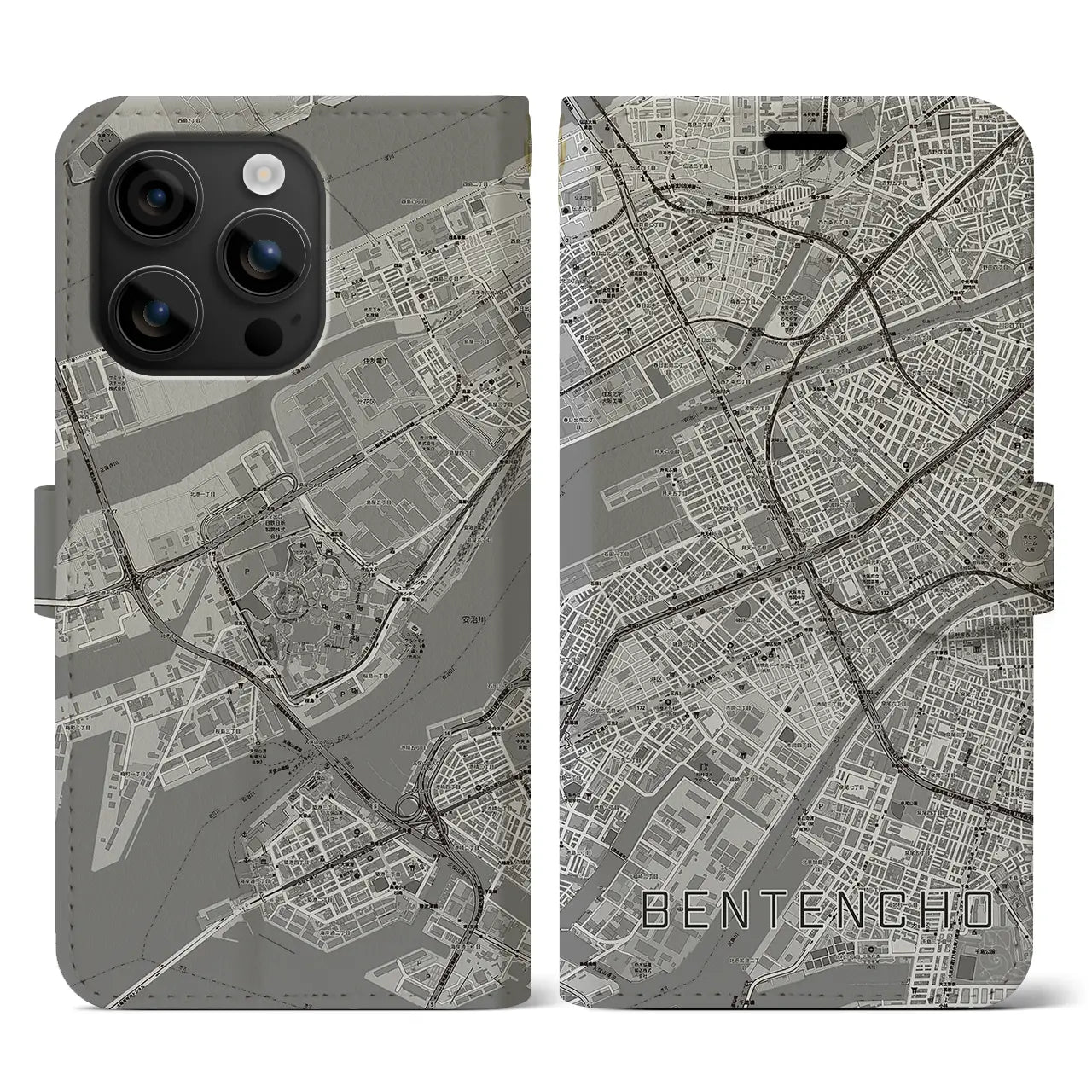 【弁天町(大阪府)】地図柄iPhoneケース(手帳タイプ)モノトーン・iPhone 16 用