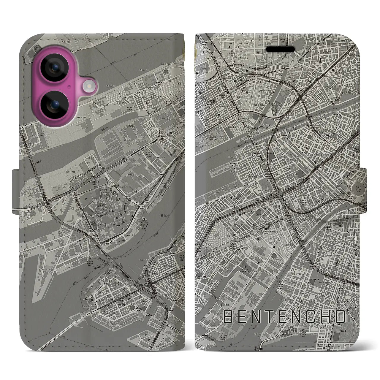 【弁天町(大阪府)】地図柄iPhoneケース(手帳タイプ)モノトーン・iPhone 16 Pro 用