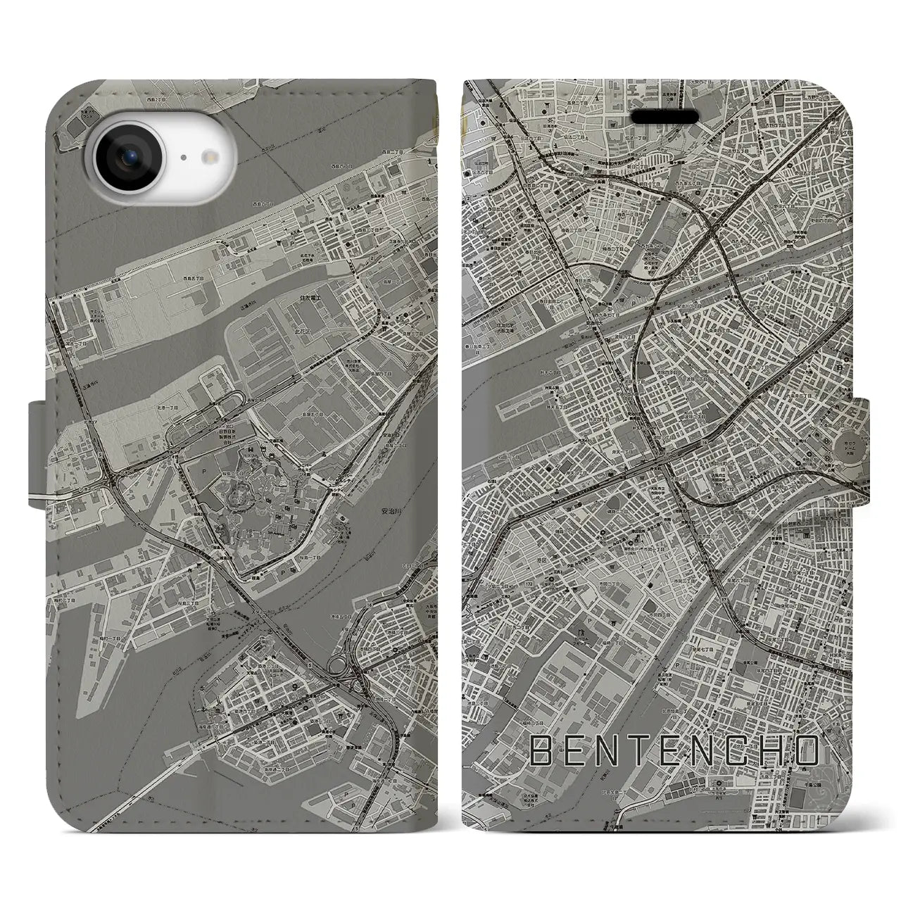 【弁天町(大阪府)】地図柄iPhoneケース(手帳タイプ)