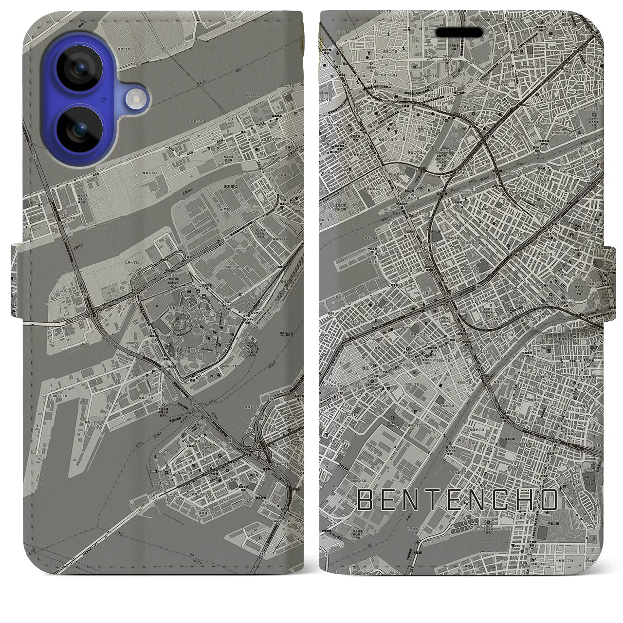 【弁天町(大阪府)】地図柄iPhoneケース(手帳タイプ)モノトーン・iPhone 16 Pro Max 用
