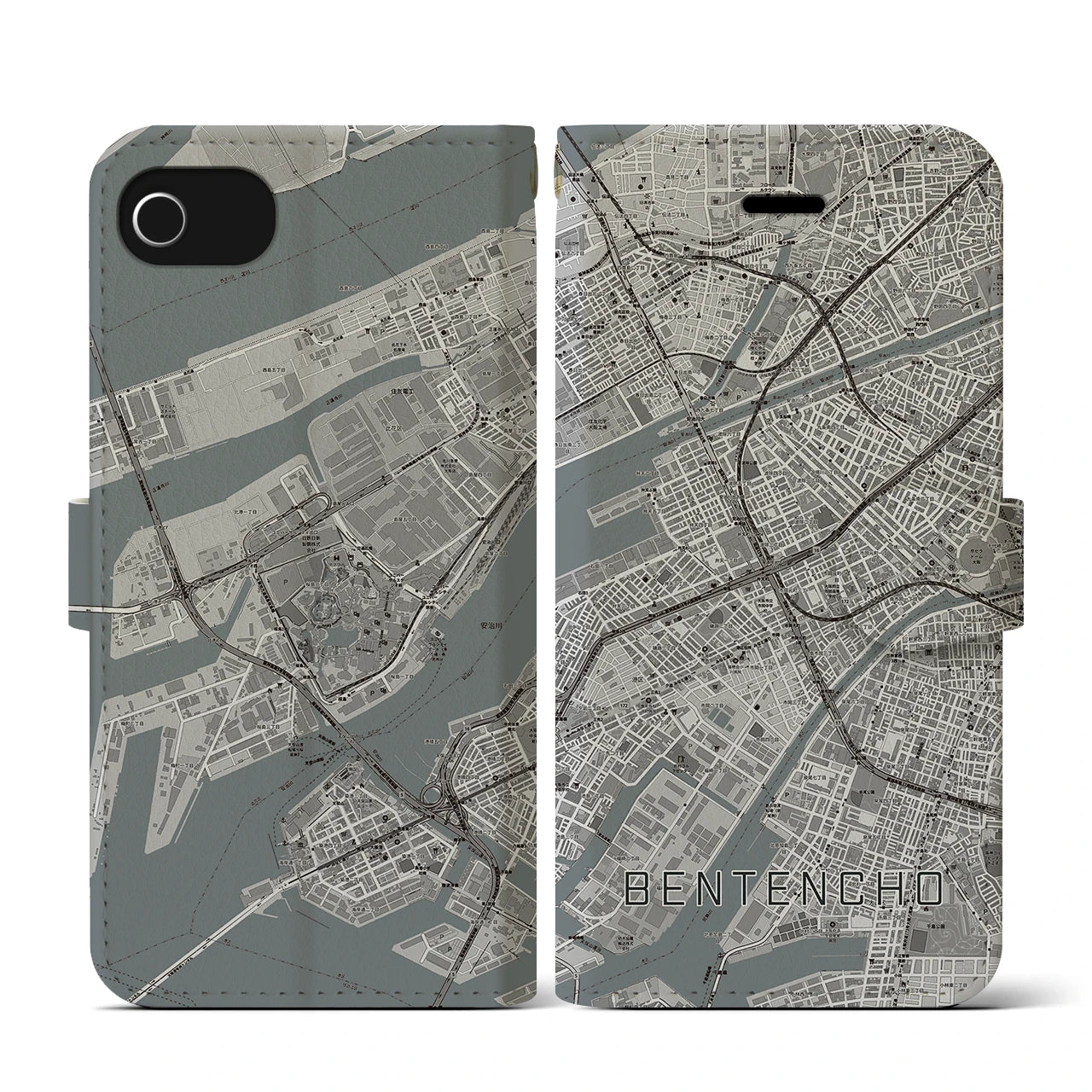 【弁天町(大阪府)】地図柄iPhoneケース(手帳タイプ)モノトーン・iPhone SE(第3 / 第2世代) / 8 / 7 / 6s / 6 用