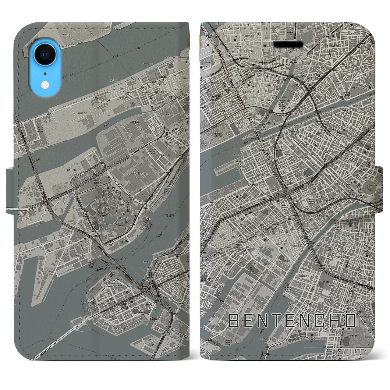 【弁天町(大阪府)】地図柄iPhoneケース(手帳タイプ)モノトーン・iPhone XR 用