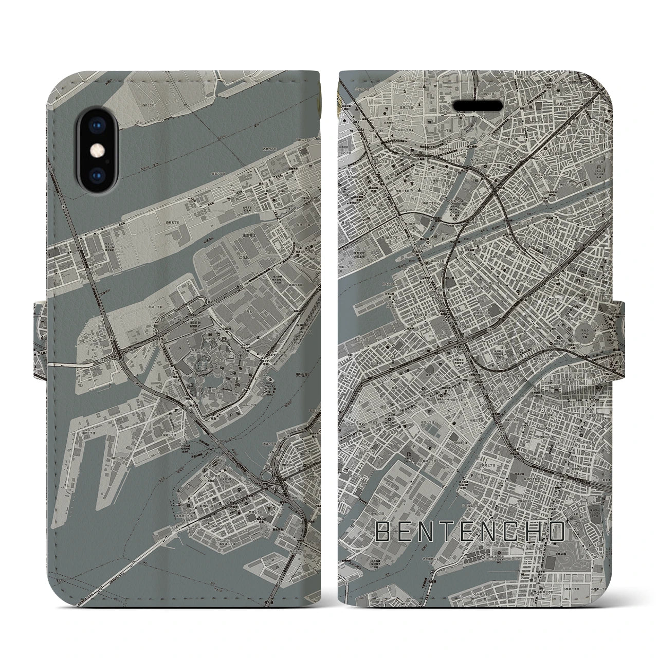 【弁天町(大阪府)】地図柄iPhoneケース(手帳タイプ)モノトーン・iPhone XS / X 用