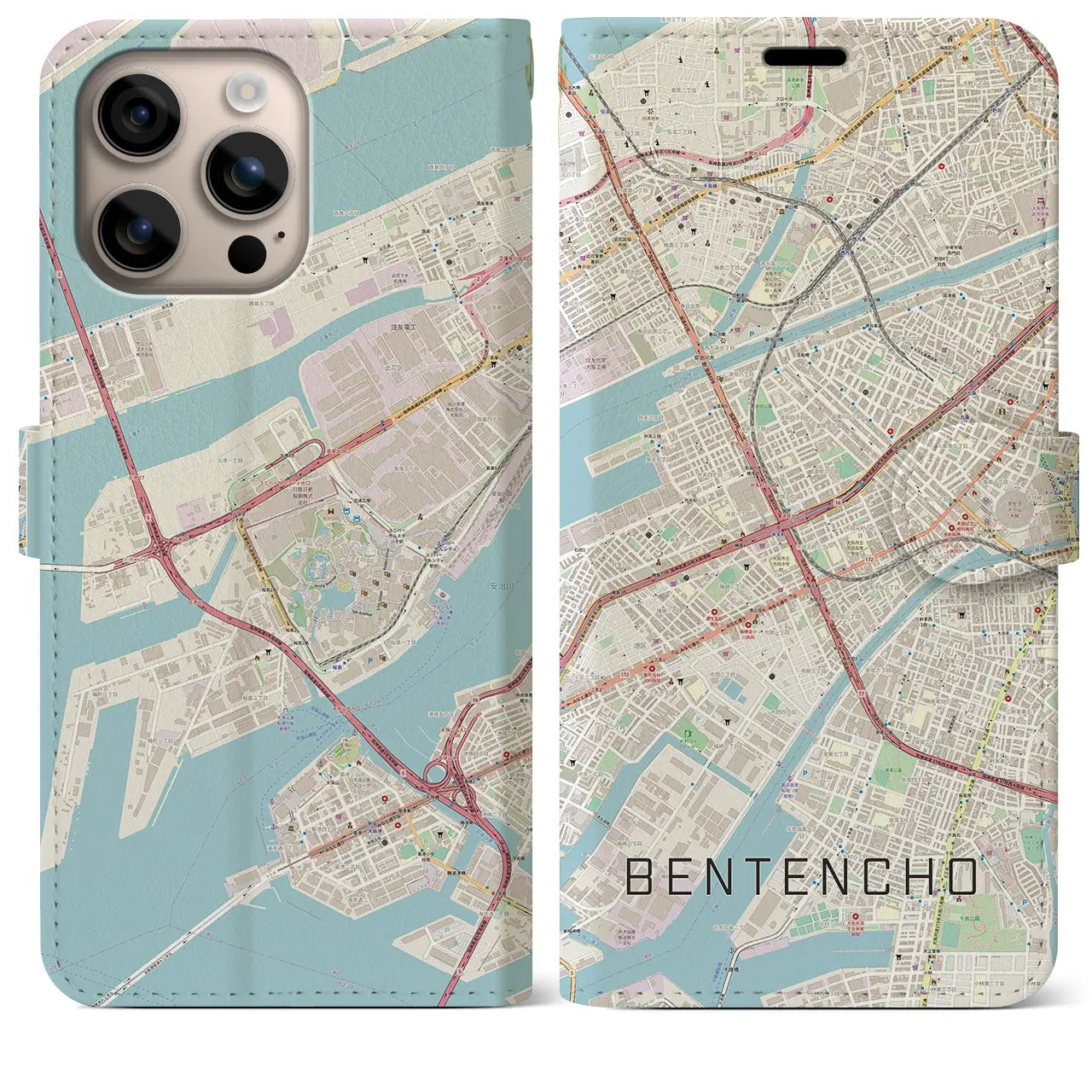 【弁天町(大阪府)】地図柄iPhoneケース(手帳タイプ)ナチュラル・iPhone 16 Plus 用