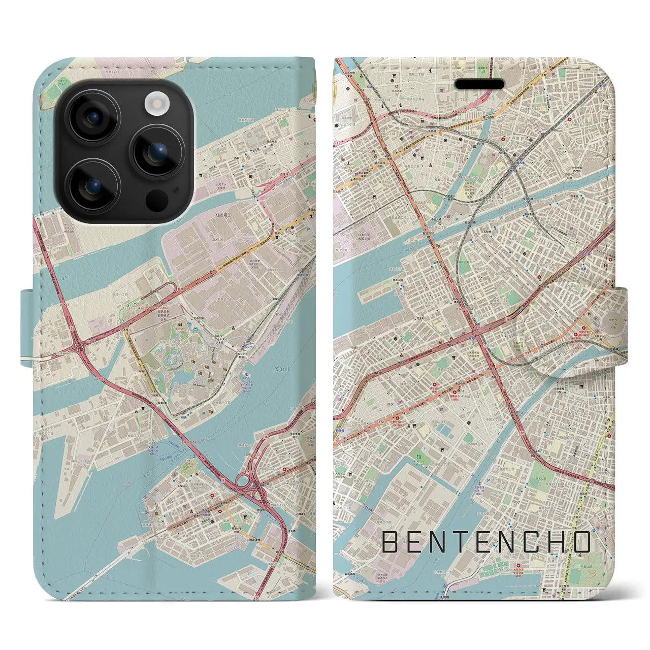 【弁天町(大阪府)】地図柄iPhoneケース(手帳タイプ)ナチュラル・iPhone 16 用