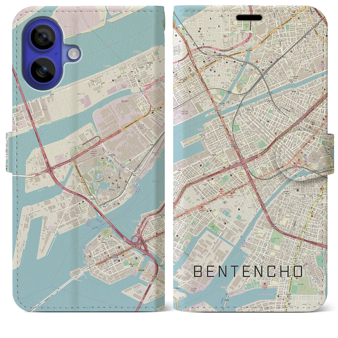 【弁天町(大阪府)】地図柄iPhoneケース(手帳タイプ)ナチュラル・iPhone 16 Pro Max 用