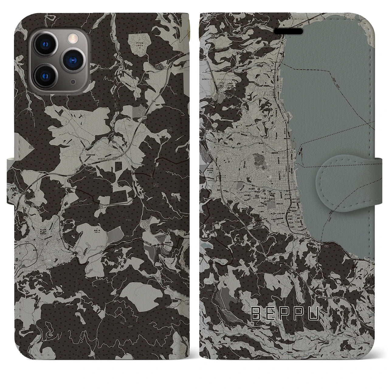 【別府(大分県)】地図柄iPhoneケース(手帳タイプ)モノトーン・iPhone 11 Pro Max 用