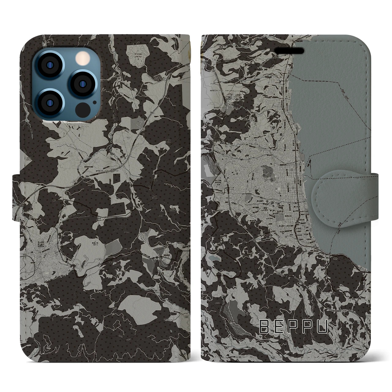 【別府(大分県)】地図柄iPhoneケース(手帳タイプ)モノトーン・iPhone 12 / 12 Pro 用