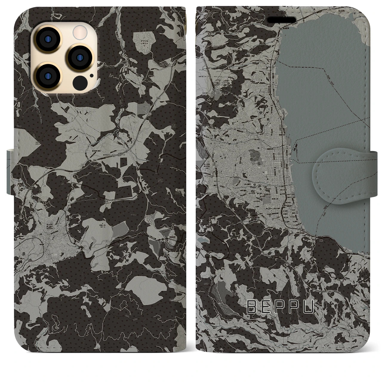 【別府(大分県)】地図柄iPhoneケース(手帳タイプ)モノトーン・iPhone 12 Pro Max 用