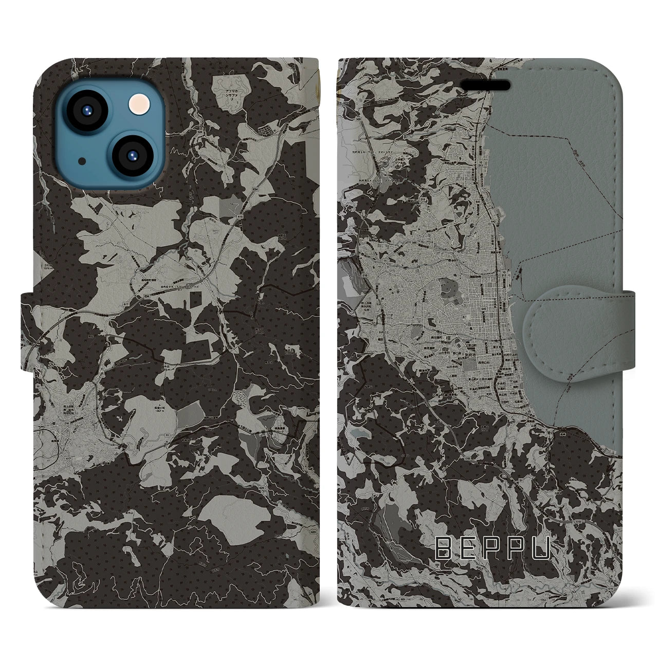 【別府(大分県)】地図柄iPhoneケース(手帳タイプ)モノトーン・iPhone 13 用