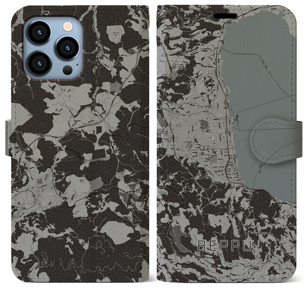 【別府(大分県)】地図柄iPhoneケース(手帳タイプ)モノトーン・iPhone 13 Pro Max 用