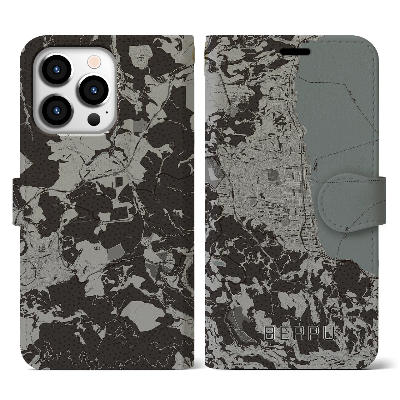 【別府(大分県)】地図柄iPhoneケース(手帳タイプ)モノトーン・iPhone 13 Pro 用