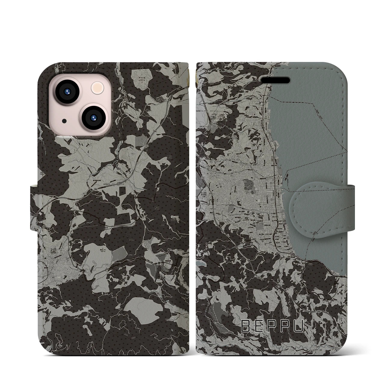 【別府(大分県)】地図柄iPhoneケース(手帳タイプ)モノトーン・iPhone 13 mini 用