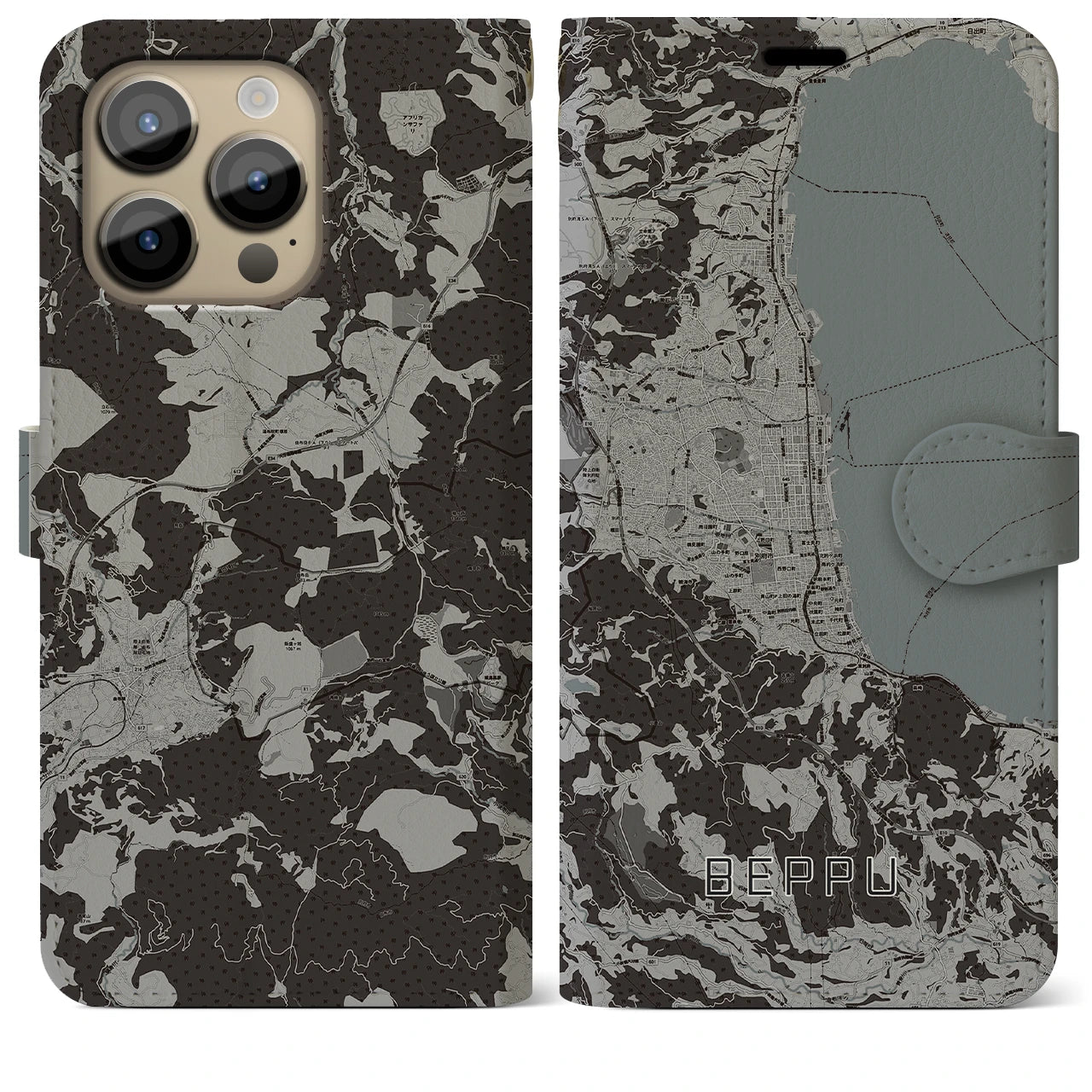 【別府(大分県)】地図柄iPhoneケース(手帳タイプ)モノトーン・iPhone 14 Pro Max 用