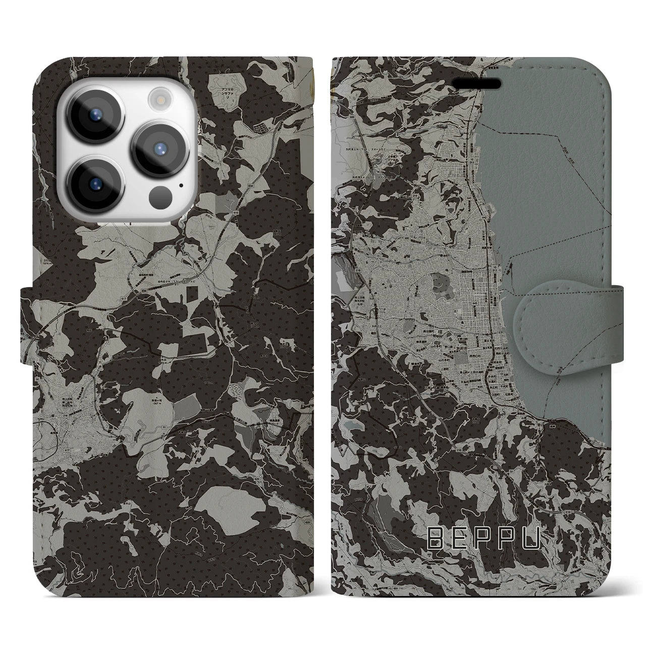 【別府(大分県)】地図柄iPhoneケース(手帳タイプ)モノトーン・iPhone 14 Pro 用