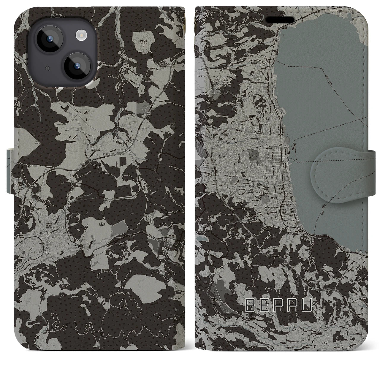 【別府(大分県)】地図柄iPhoneケース(手帳タイプ)モノトーン・iPhone 14 Plus 用