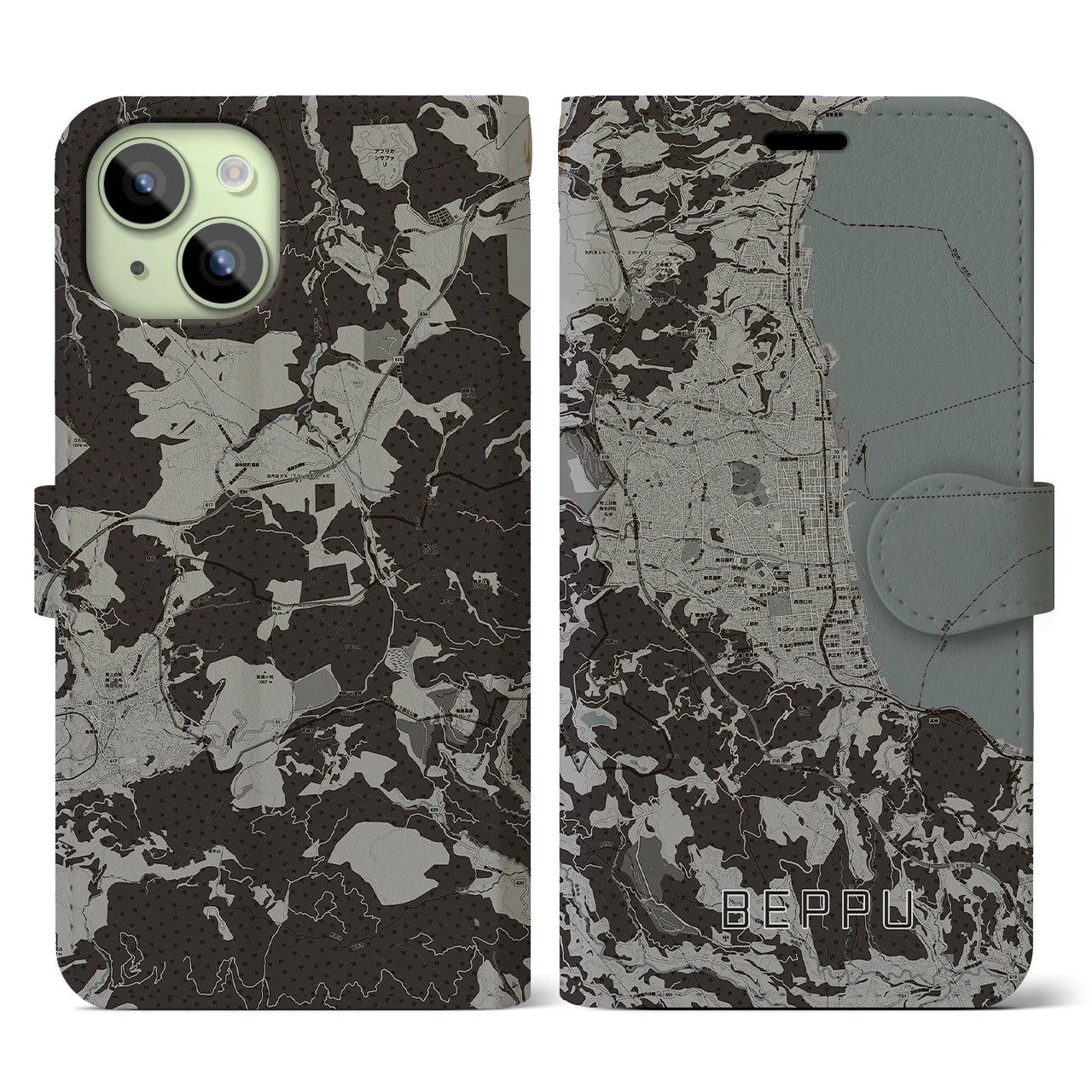 【別府(大分県)】地図柄iPhoneケース(手帳タイプ)モノトーン・iPhone 15 用
