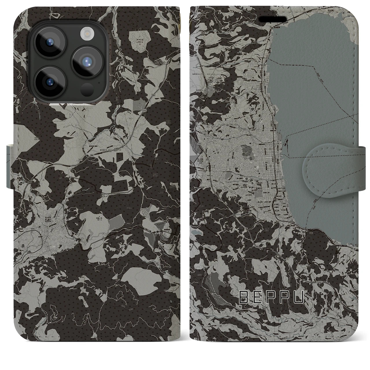 【別府(大分県)】地図柄iPhoneケース(手帳タイプ)モノトーン・iPhone 15 Pro Max 用