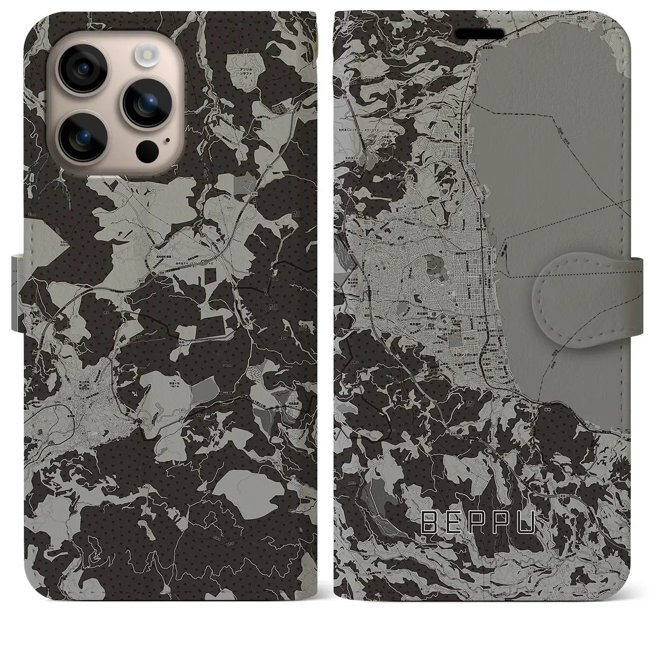 【別府(大分県)】地図柄iPhoneケース(手帳タイプ)モノトーン・iPhone 16 Plus 用