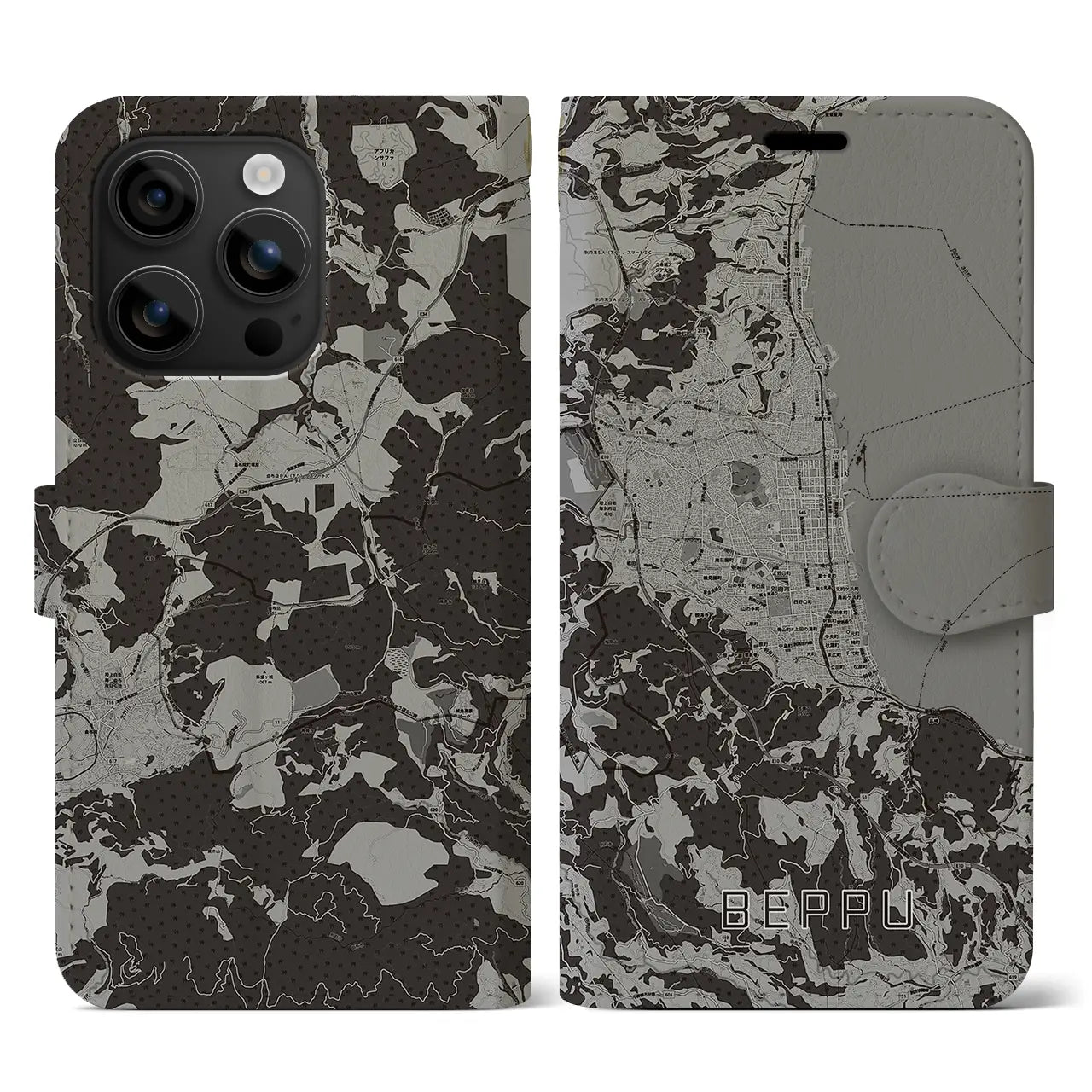 【別府(大分県)】地図柄iPhoneケース(手帳タイプ)モノトーン・iPhone 16 用