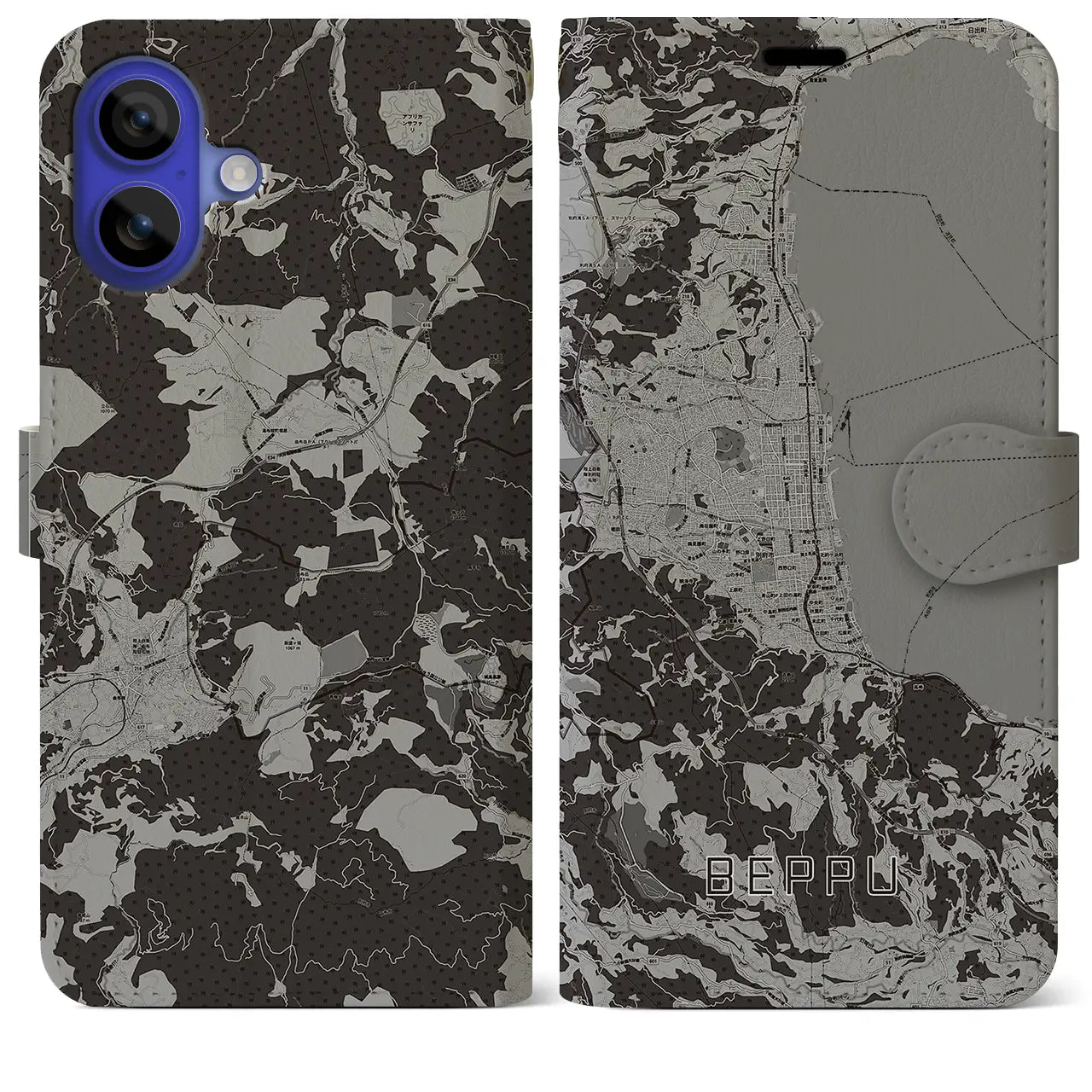 【別府(大分県)】地図柄iPhoneケース(手帳タイプ)モノトーン・iPhone 16 Pro Max 用