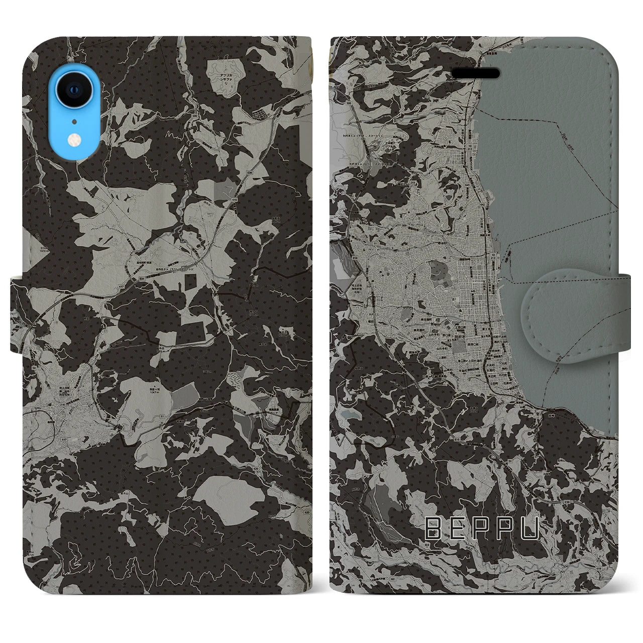 【別府(大分県)】地図柄iPhoneケース(手帳タイプ)モノトーン・iPhone XR 用