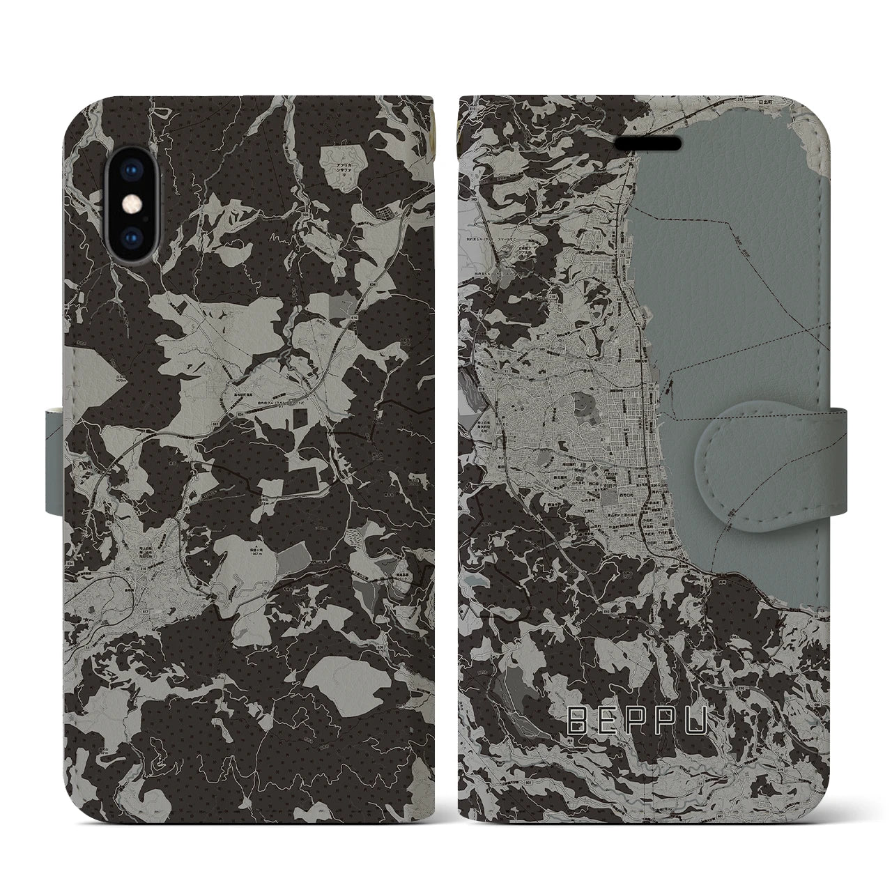 【別府(大分県)】地図柄iPhoneケース(手帳タイプ)モノトーン・iPhone XS / X 用