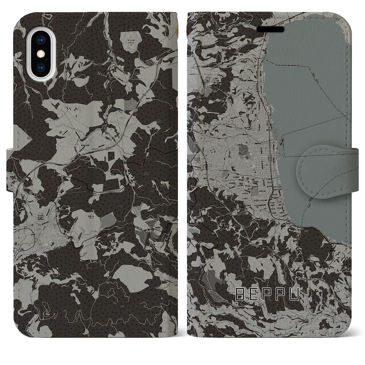 【別府(大分県)】地図柄iPhoneケース(手帳タイプ)モノトーン・iPhone XS Max 用